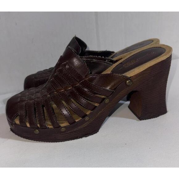 Route 66 Y2K 2000s Platform Chunky Brown Faux Leather Strappy Heel Mules Clogs - Picture 5 of 15